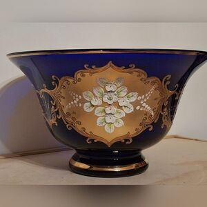 Vtg Hand-made Bohemian Crystal Glass bowl, Cobalt Blue,white floral enamel, 24k